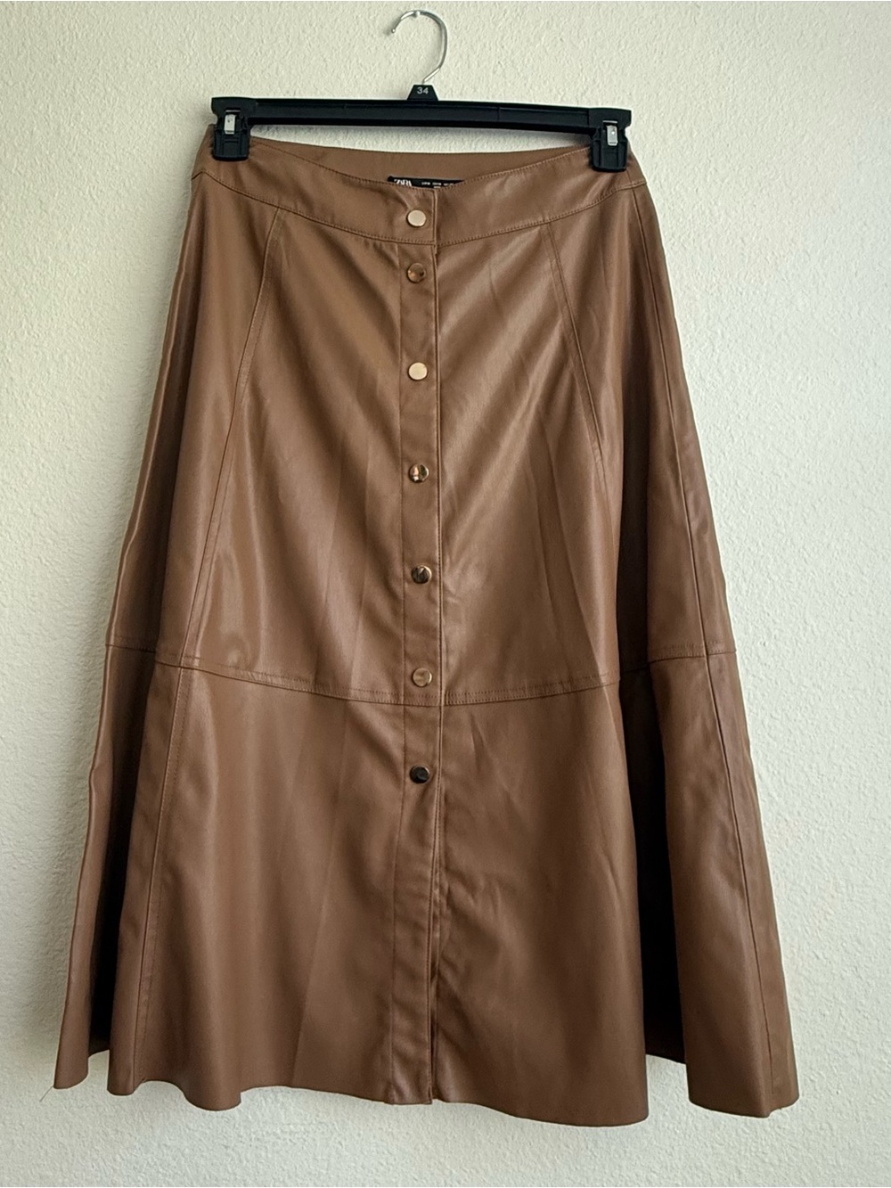 Zara Tan Faux Leather Button-Front A-Line Skirt